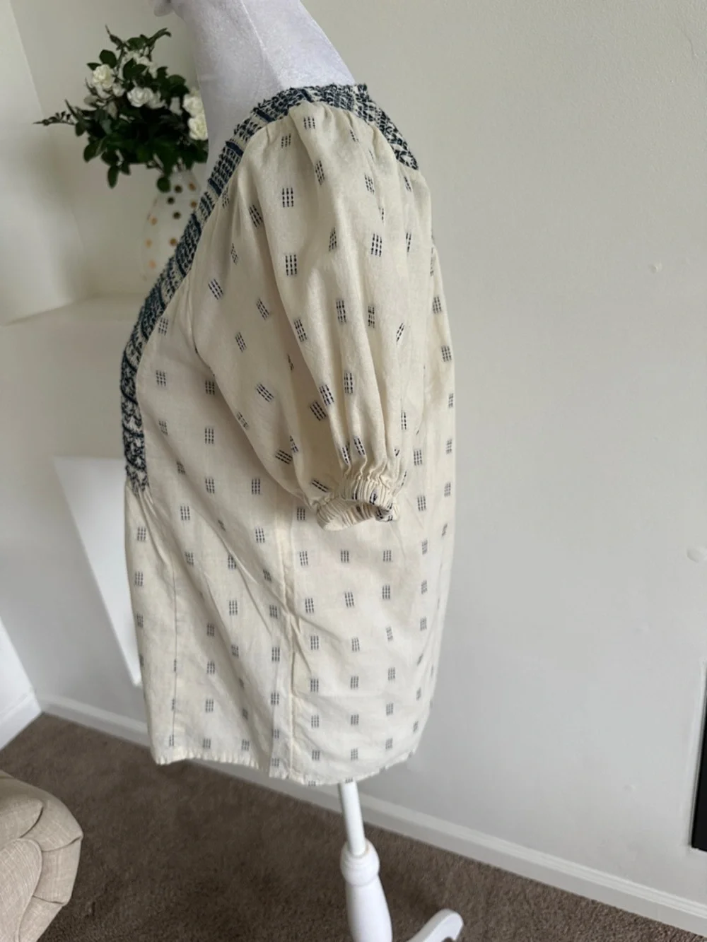 Madewell Cream Blouse with Black Smocked V-Neck
